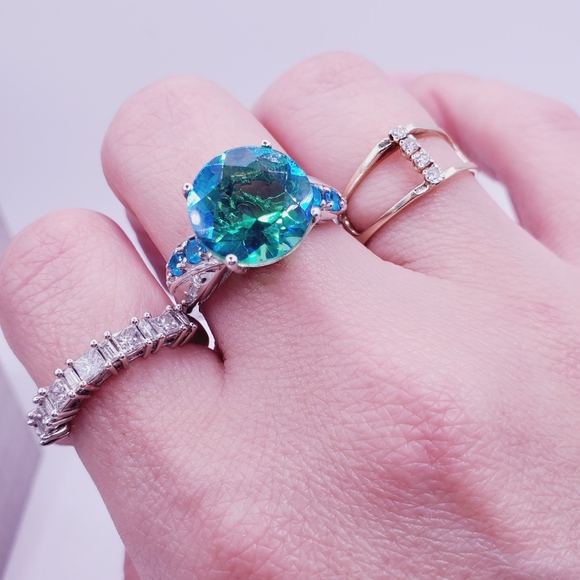 925 Sterling Silver Ring Round Peacock Quartz Ring Blue Ring Green Ring size 8 - Picture 4 of 9